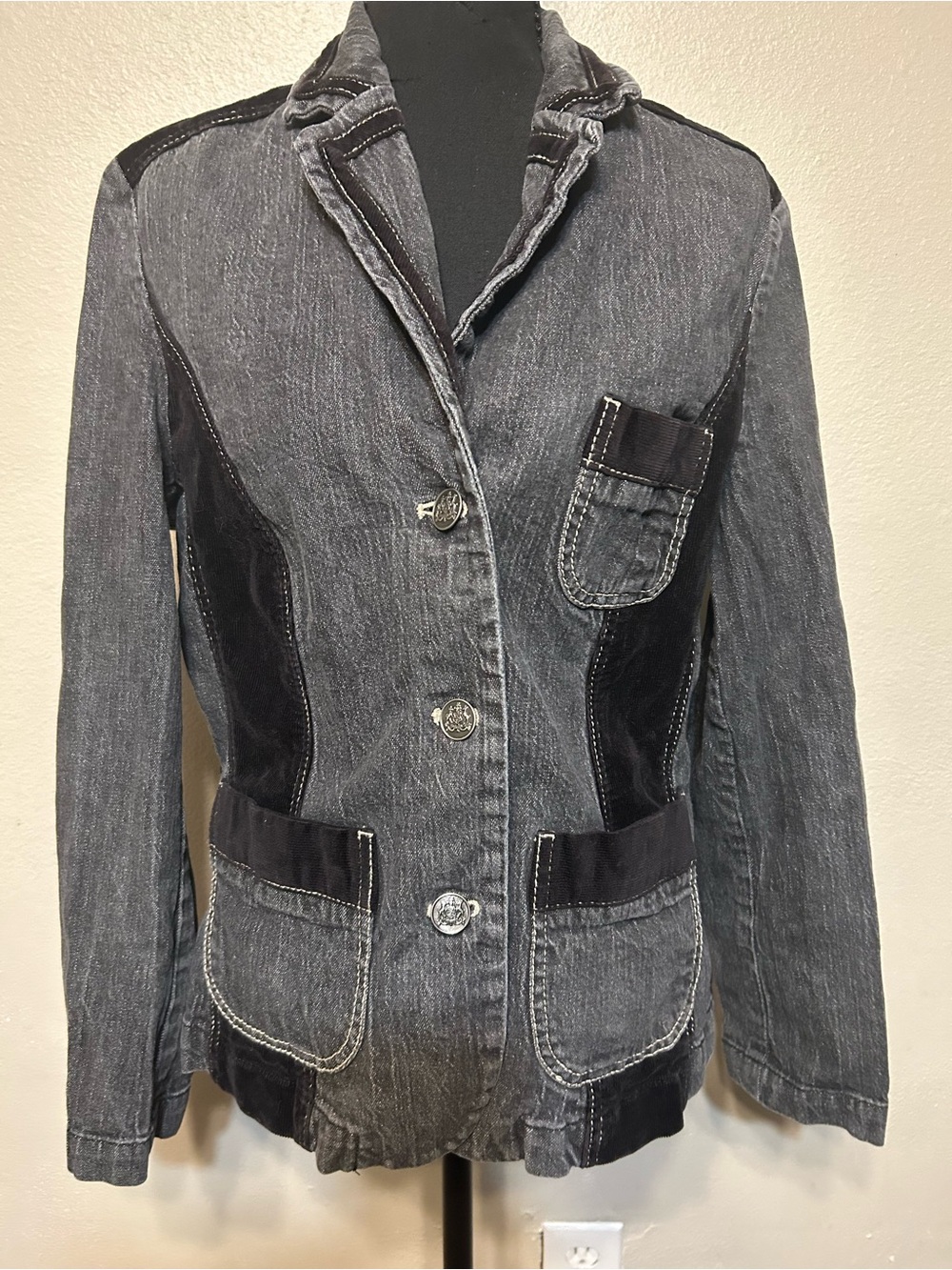 Carol’s Denims Women’s L Black Denim Blazer Jacket Y2K Western Contrast Stitch
